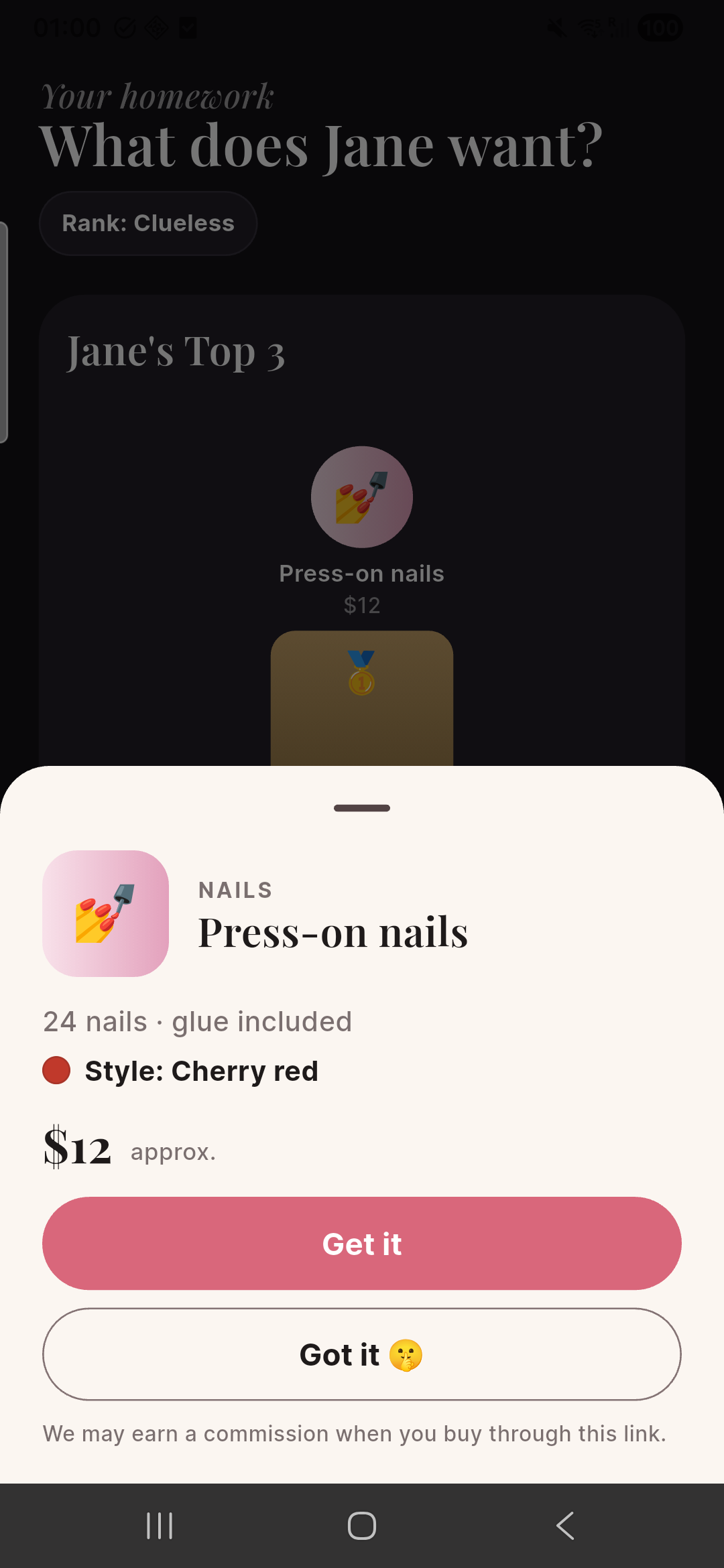 A gift in the exact style she picked, with a Get it button